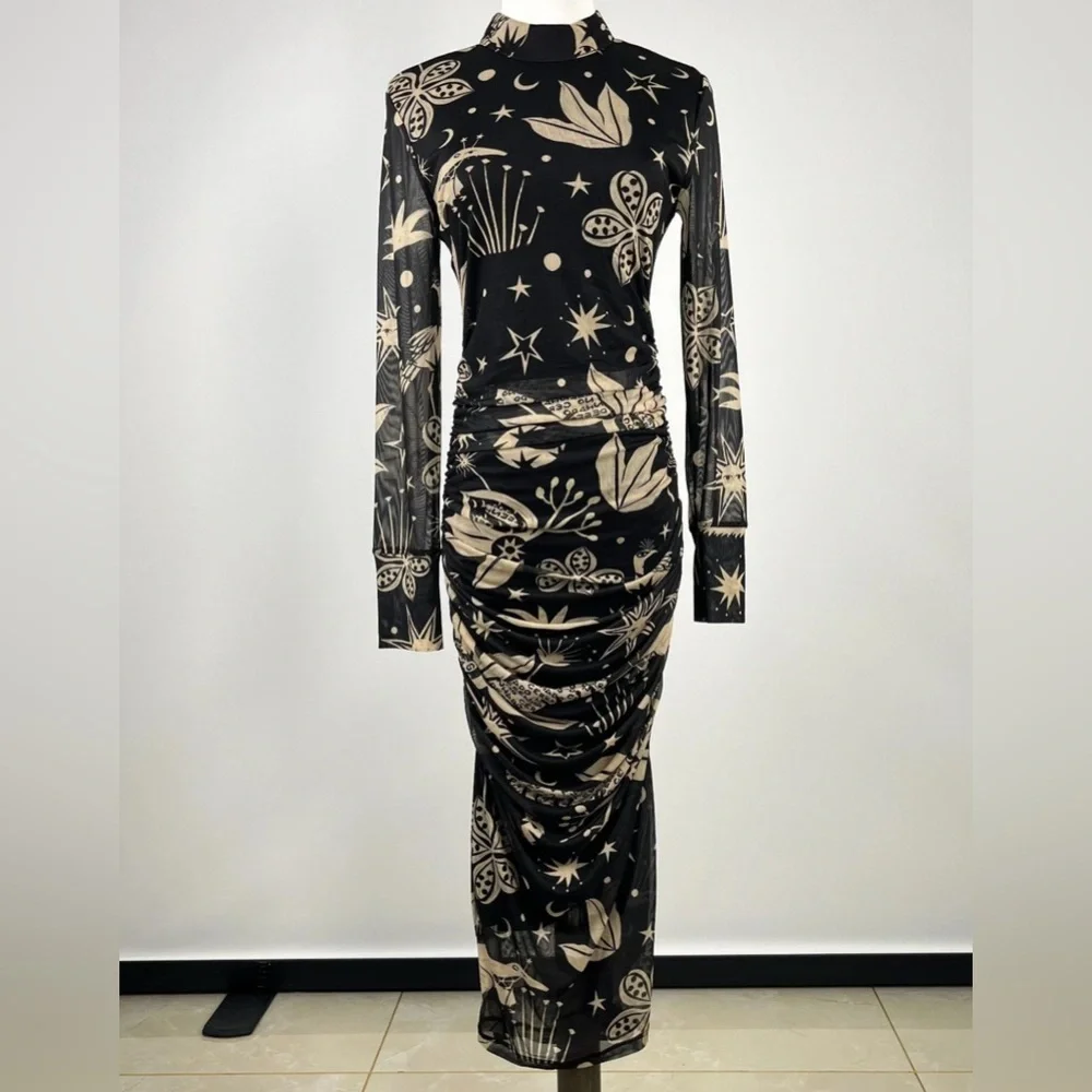 Farm Rio Black, Cream Patterned Midi Dress Cerrado Sky Tule Flattering, Ruching - Picture 2 of 3